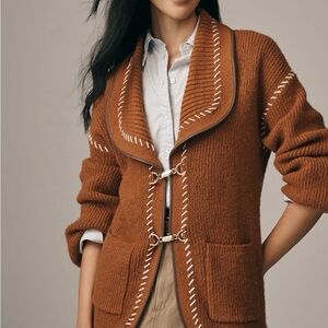 Maeve Anthropologie faux leather Brown Sweater with White Stitching
